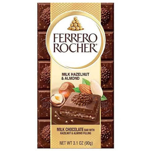 Ferrero Rocher Milk Chocolate with Hazelnut and Almond Filling Tablet HEAT SENSITIVE ITEM. PLEASE ADD ITEM 122942 TO THE ORDER TO TRY TO PROTECT CHOCOLATES FROM HEAT DAMAGE 90g