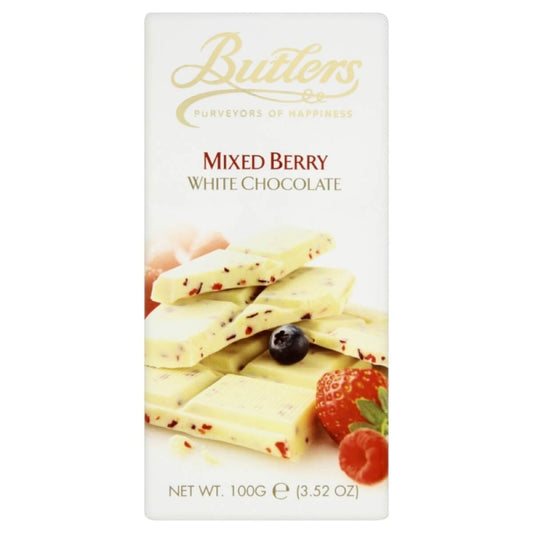 Butlers White Chocolate Bar with Mixed Berries HEAT SENSITIVE ITEM. PLEASE ADD ITEM 122942 TO THE ORDER TO TRY TO PROTECT CHOCOLATES FROM HEAT DAMAGE 90g