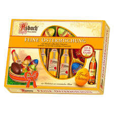 Asbach Easter Bottles and Eggs Variety Box with and without Crust HEAT SENSITIVE ITEM. PLEASE ADD ITEM 122942 TO THE ORDER TO TRY TO PROTECT CHOCOLATES FROM HEAT DAMAGE 150g