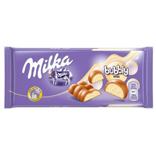 Milka Bubbly White Chocolate Bar HEAT SENSITIVE ITEM. PLEASE ADD ITEM 122942 TO THE ORDER TO TRY TO PROTECT CHOCOLATES FROM HEAT DAMAGE. 95g