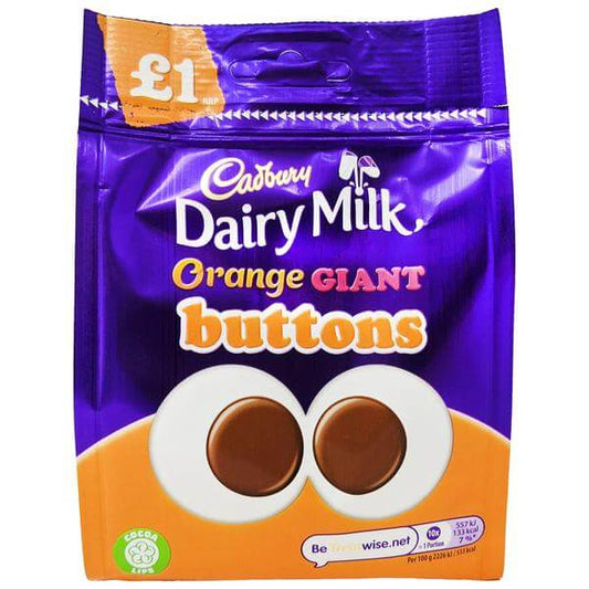 Cadbury Dairy Milk Orange Giant Buttons HEAT SENSITIVE ITEM. PLEASE ADD ITEM 122942 TO THE ORDER TO TRY TO PROTECT CHOCOLATES FROM HEAT DAMAGE. 85g