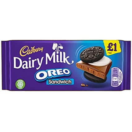 Cadbury Dairy Milk Oreo Sandwich HEAT SENSITIVE ITEM. PLEASE ADD ITEM 122942 TO THE ORDER TO TRY TO PROTECT CHOCOLATES FROM HEAT DAMAGE. 96g