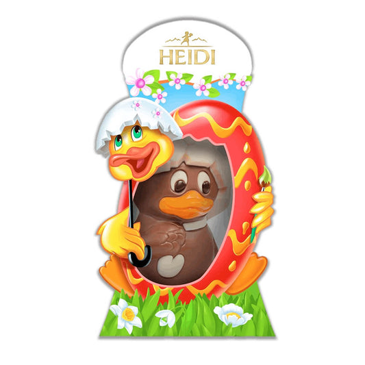 Heidi Easter Duck with Umbrella HEAT SENSITIVE ITEM. PLEASE ADD ITEM 122942 TO THE ORDER TO TRY TO PROTECT CHOCOLATES FROM HEAT DAMAGE. 75g