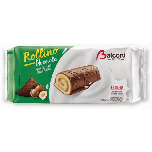 Balconi Rollino Nocciola Cake Rolls 6pk HEAT SENSITIVE ITEM. PLEASE ADD ITEM 122942 TO THE ORDER TO TRY TO PROTECT CHOCOLATES FROM HEAT DAMAGE 222g