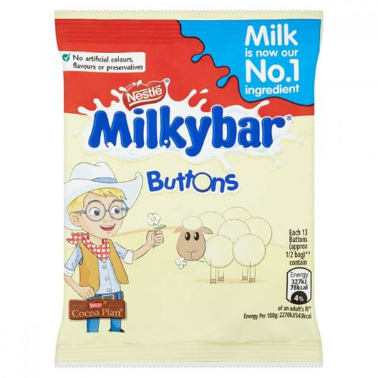 Nestle Milkybar Buttons HEAT SENSITIVE ITEM. PLEASE ADD ITEM 122942 TO THE ORDER TO TRY TO PROTECT CHOCOLATES FROM HEAT DAMAGE. 30g