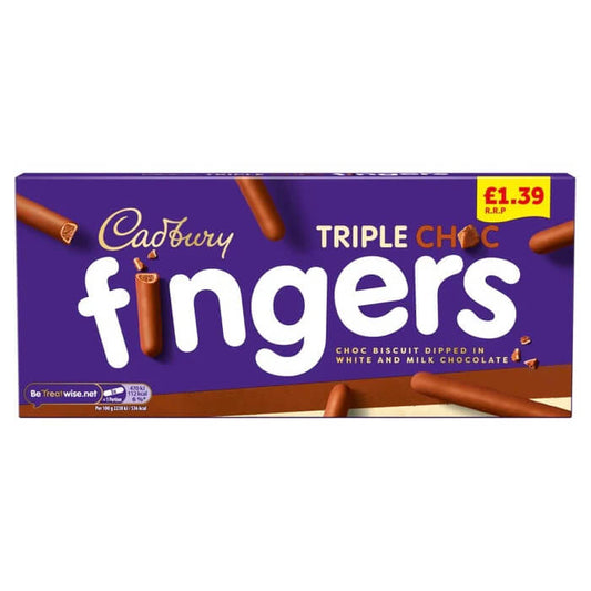 Cadbury Fingers Fabulous Triple Chocolate Fingers Biscuits  HEAT SENSITIVE ITEM. PLEASE ADD ITEM 122942 TO THE ORDER TO TRY TO PROTECT CHOCOLATES FROM HEAT DAMAGE. 110g