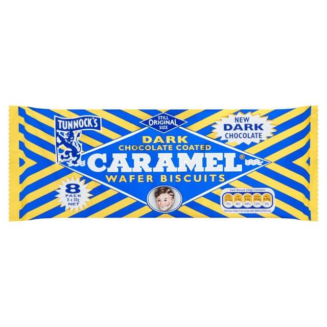 Tunnocks Caramel Wafers Dark Chocolate Coated (Pack of 8 Wafers) HEAT SENSITIVE ITEM. PLEASE ADD ITEM 122942 TO THE ORDER TO TRY TO PROTECT CHOCOLATES FROM HEAT DAMAGE 240g