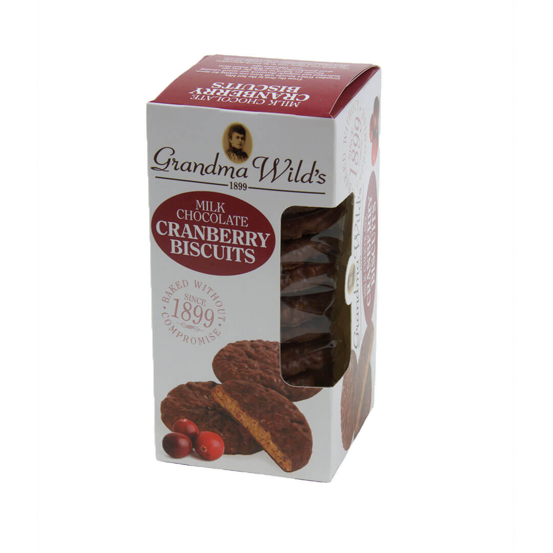 Grandma Wilds Biscuits Cranberry Milk Chocolate HEAT SENSITIVE ITEM. PLEASE ADD ITEM 122942 TO THE ORDER TO TRY TO PROTECT CHOCOLATES FROM HEAT DAMAGE 150g