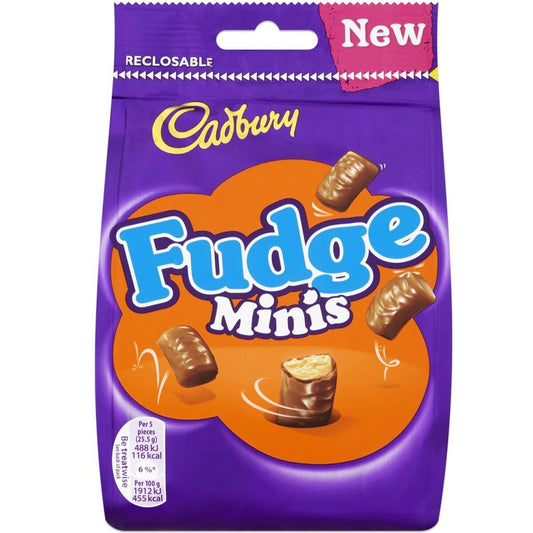 Cadbury Fudge Minis Bag HEAT SENSITIVE ITEM. PLEASE ADD ITEM 122942 TO THE ORDER TO TRY TO PROTECT CHOCOLATES FROM HEAT DAMAGE. 100g