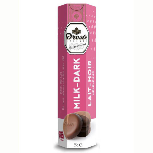 Droste Pastille Dark and Milk Chocolate Tube  HEAT SENSITIVE ITEM. PLEASE ADD ITEM 122942 TO THE ORDER TO TRY TO PROTECT CHOCOLATES FROM HEAT DAMAGE. 85g