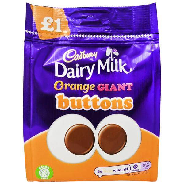 Cadbury Dairy Milk Orange Giant Buttons  HEAT SENSITIVE ITEM. PLEASE ADD ITEM 122942 TO THE ORDER TO TRY TO PROTECT CHOCOLATES FROM HEAT DAMAGE. 95g