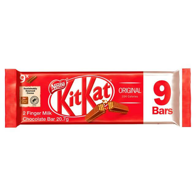Nestle Kitkat 2 Finger Milk (9 Pack)  HEAT SENSITIVE ITEM. PLEASE ADD ITEM 122942 TO THE ORDER TO TRY TO PROTECT CHOCOLATES FROM HEAT DAMAGE. 186.3g