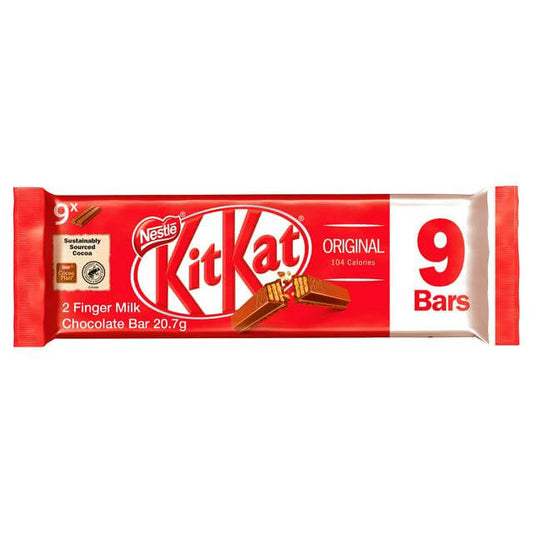 Nestle Kitkat 2 Finger Milk (9 Pack)  HEAT SENSITIVE ITEM. PLEASE ADD ITEM 122942 TO THE ORDER TO TRY TO PROTECT CHOCOLATES FROM HEAT DAMAGE. 186.3g