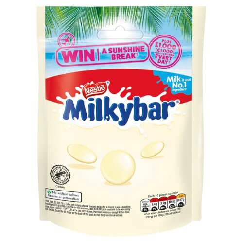 Nestle Milkybar Giant Buttons Pouch  HEAT SENSITIVE ITEM. PLEASE ADD ITEM 122942 TO THE ORDER TO TRY TO PROTECT CHOCOLATES FROM HEAT DAMAGE. 94g