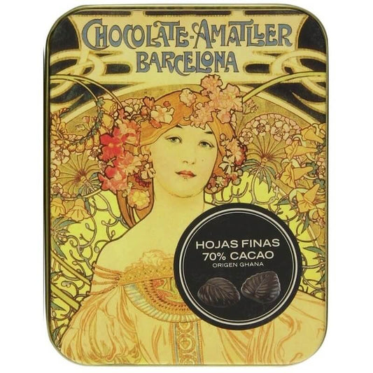 Amatller 70 Percent Dark Chocolate Leaves in a Gift Tin 60g