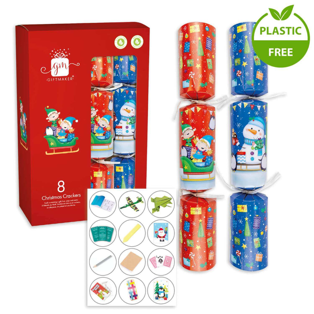 Giftmaker Christmas Crackers Novelty Elves and Snowman Crackers 8 x 12 Inch Crackers 200g