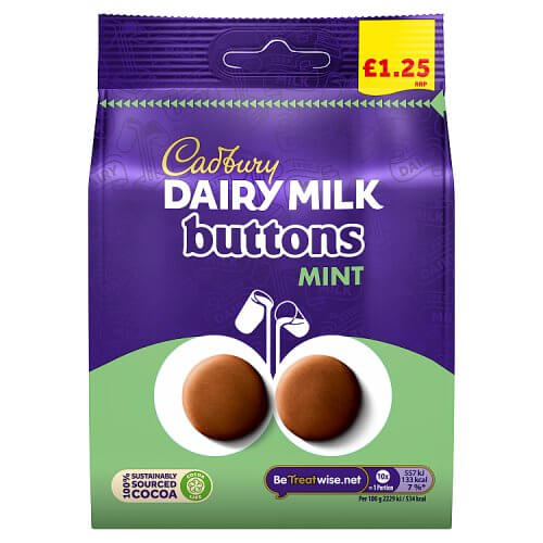 Cadbury Mint Buttons  HEAT SENSITIVE ITEM. PLEASE ADD ITEM 122942 TO THE ORDER TO TRY TO PROTECT CHOCOLATES FROM HEAT DAMAGE. 110g