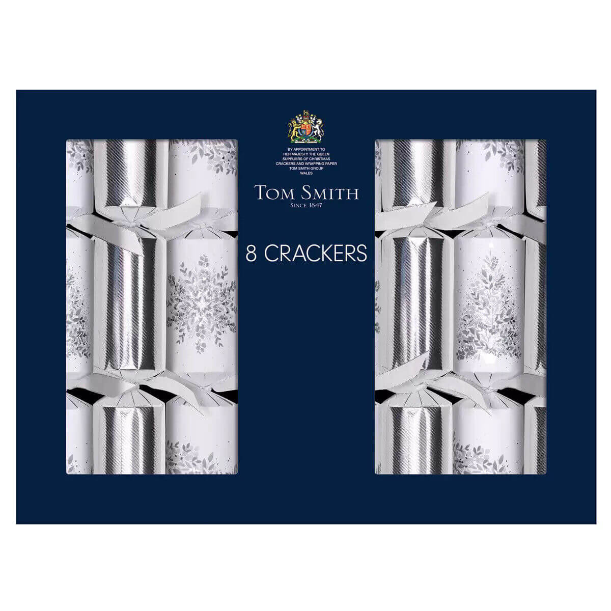 Tom Smith Christmas Crackers White with Silver Snowflake Deluxe All is Bright Crackers 8 x 14 Ich 500g