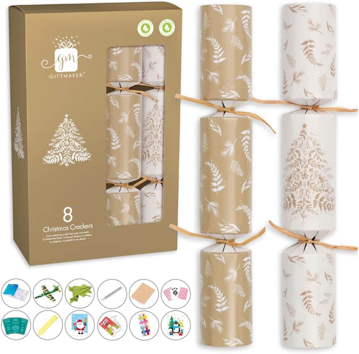 Giftmaker Christmas Crackers Cream and Gold Foliage 8 x 12 Inch 200g