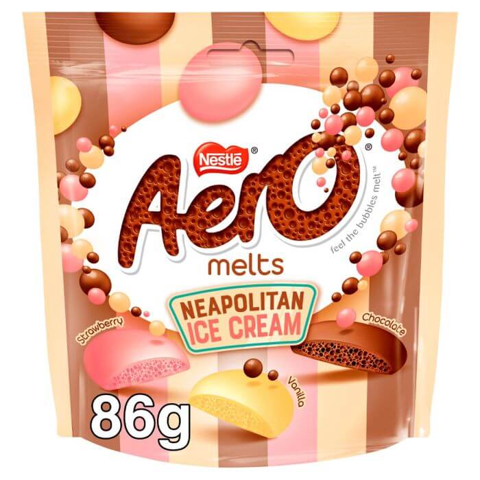 Nestle Aero Melts Neapolitan Ice Cream Pouch  HEAT SENSITIVE ITEM. PLEASE ADD ITEM 122942 TO THE ORDER TO TRY TO PROTECT CHOCOLATES FROM HEAT DAMAGE. 86g