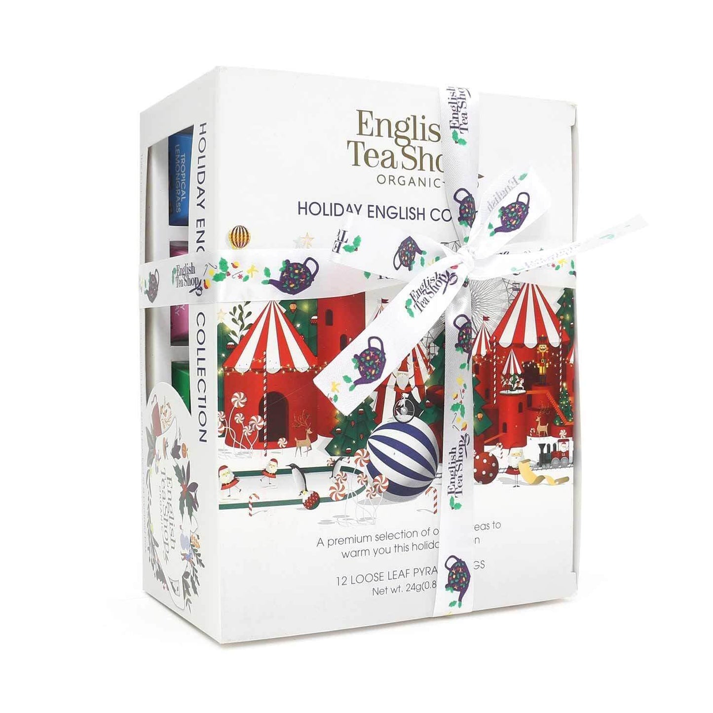 English Tea Shop Holiday English Collection 12 Pyramid Tea Bags Loose Laef Winter Warmer Super Star Anise Tropical Lemon Grass and Happy Holiday 24g