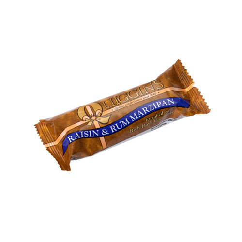 Quiggins Dark Chocolate Covered Marzipan Bar Rum and Raisin  HEAT SENSITIVE ITEM. PLEASE ADD ITEM 122942 TO THE ORDER TO TRY TO PROTECT CHOCOLATES FROM HEAT DAMAGE. 50g