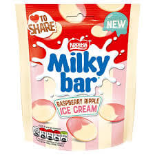 Nestle Milkybar Raspberry Ripple Pouch  HEAT SENSITIVE ITEM. PLEASE ADD ITEM 122942 TO THE ORDER TO TRY TO PROTECT CHOCOLATES FROM HEAT DAMAGE. 86g