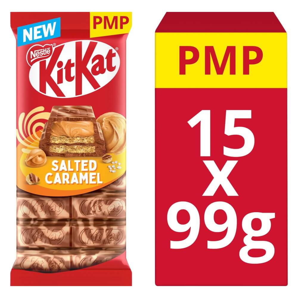 Nestle Kit Kat Salted Caramel Sharing Block HEAT SENSITIVE ITEM. PLEASE ADD ITEM 122942 TO THE ORDER TO TRY TO PROTECT CHOCOLATES FROM HEAT DAMAGE 99g