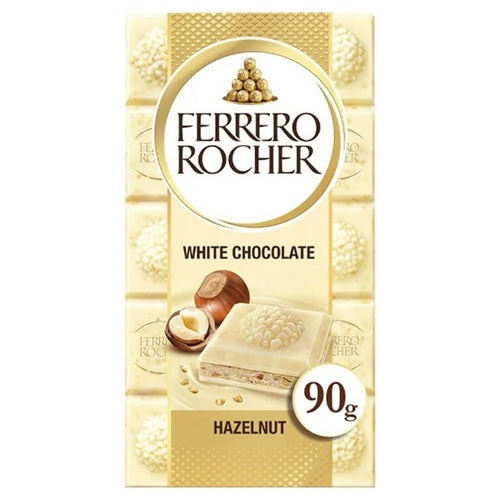 Ferrero Rocher White Chocolate with Hazelnut Filling Tablet HEAT SENSITIVE ITEM. PLEASE ADD ITEM 122942 TO THE ORDER TO TRY TO PROTECT CHOCOLATES FROM HEAT DAMAGE 90g
