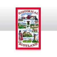 British Brands Tea Towel Red with Historical Scotland Scenes 100% Cotton 70g